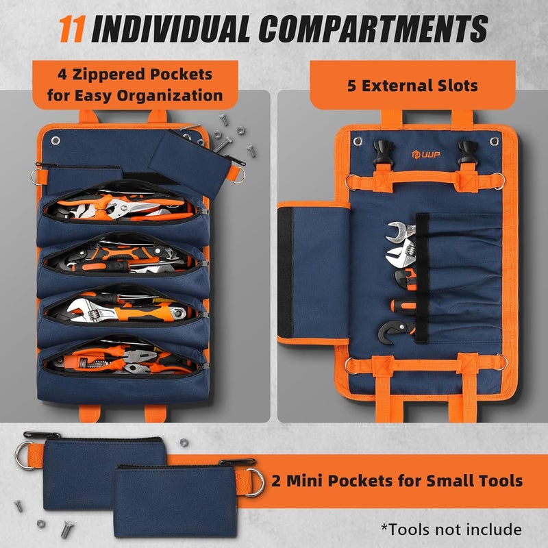 UUP Tool Bag Roll Up, Heavy Duty Rolled Empty Tool Storage Organization, Portable Foldable Rollup Organizer with 2 Small Pouches, Rollable Carrying Toolbag, Dad Men Mechanic Birthday Gift, Blue Orange - Image 2